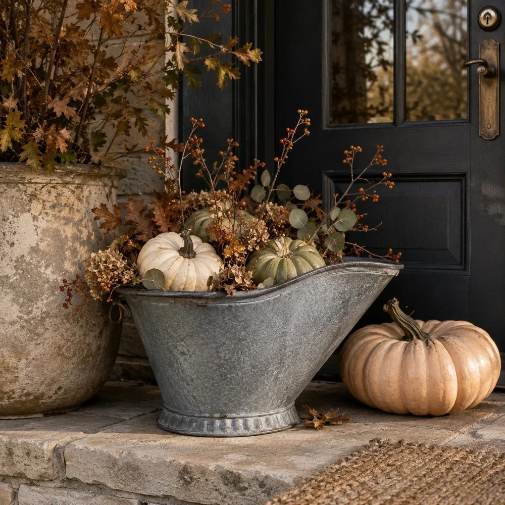 Vintage Galvanized Coal Hod Fall Porch Decor Bucket Fireplace Ash Scuttle Holder